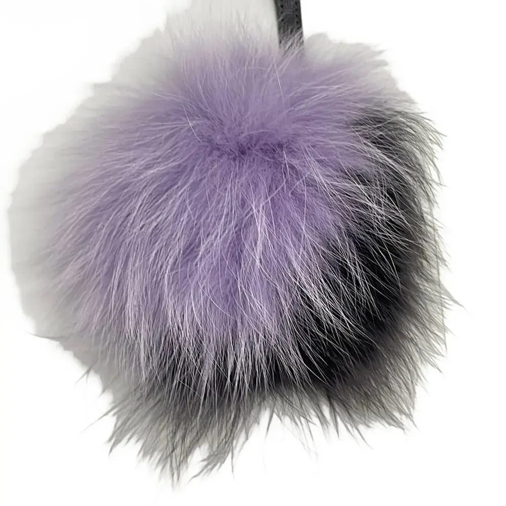 Fendi Pompom Charm Bag Charm Dark Gray Light Purple Silver Fur Leather